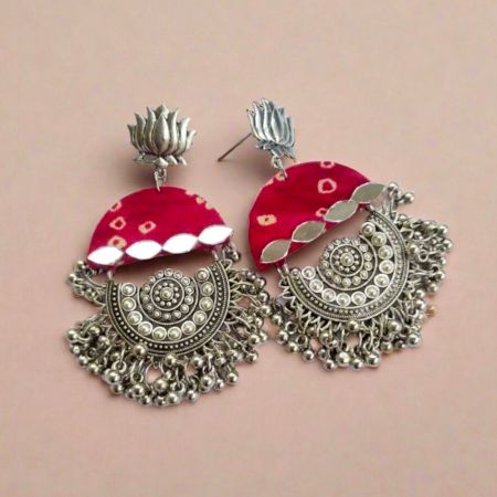 Red Bandhani Print Heavy Oxidized Jhumka Earrings